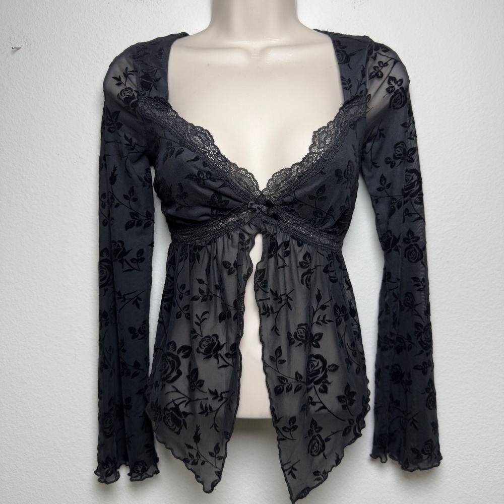 Mixed Threads Women Sheer Whimsigoth Mesh Floral Lace Babydoll Top Small Black